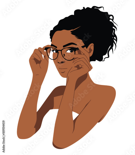 A cartoon illustration of a woman with dark skin and short black hair wearing glasses and looking thoughtful