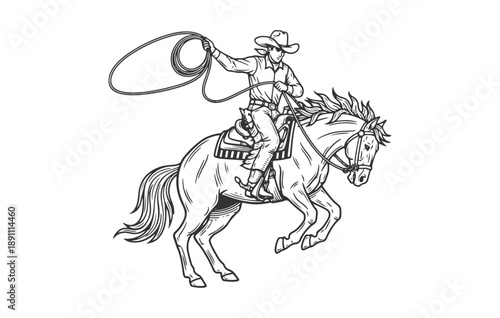 Vintage Hand-Drawn Western Rodeo Scene: Cowboy on Rearing Horse with Lasso in Retro Sketch Style