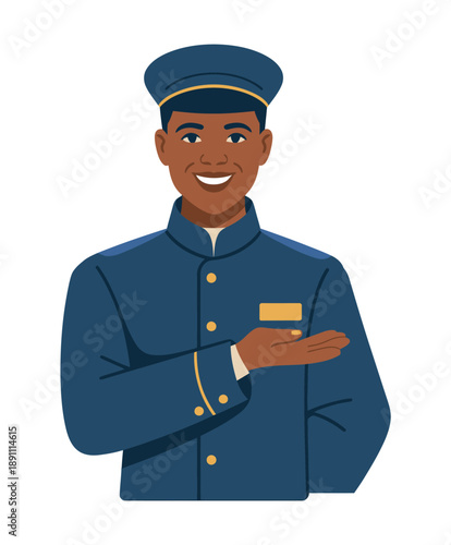 A smiling African American doorman in a blue uniform with gold buttons and a hat, gesturing with his hand