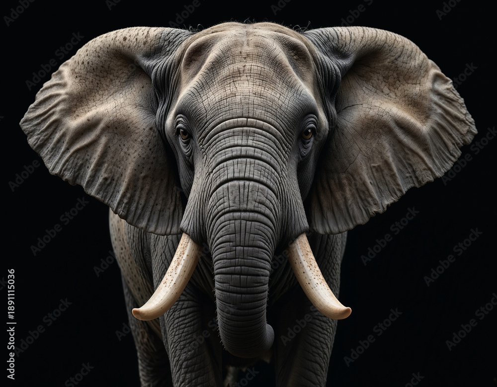 Fototapeta premium A close-up portrait of an elephant looking at the camera against a black background.