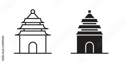 Chinese pagoda building icon outline and filled black silhouette representing traditional architecture and cultural landmark for travel and history exploration