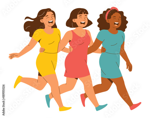 Three happy women in colorful dresses running together in a playful and carefree manner