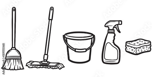 Cleaning supplies collection, featuring broom, mop, bucket, spray bottle, and sponge, sketch style, vector illustration, isolated on white background, graphic elements for hygiene and tidiness