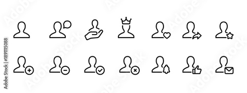 Collection of 14 outline icons representing user profile actions like add, remove, settings, notifications, share, favorite, and more, on a white background