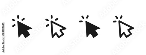 Click cursor icons set, mouse pointer in different styles. Arrow cursor with radiating lines indicating click action. Vector graphics for computer interface, web design, and user interaction elements