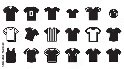 Collection of black t-shirt and apparel icons, showing various styles like crew neck, v-neck, long sleeve, short sleeve, and tank tops. Includes different fits and collar designs.