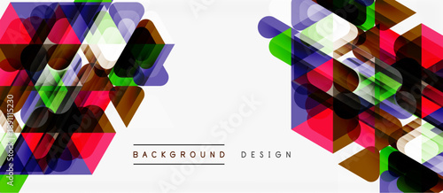 Abstract geometric shapes, vibrant colors, modern design. Overlapping polygons create dynamic visual texture. White space balances composition.