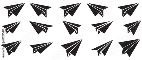 Collection of minimalist black paper airplane icons illustrating flight and communication