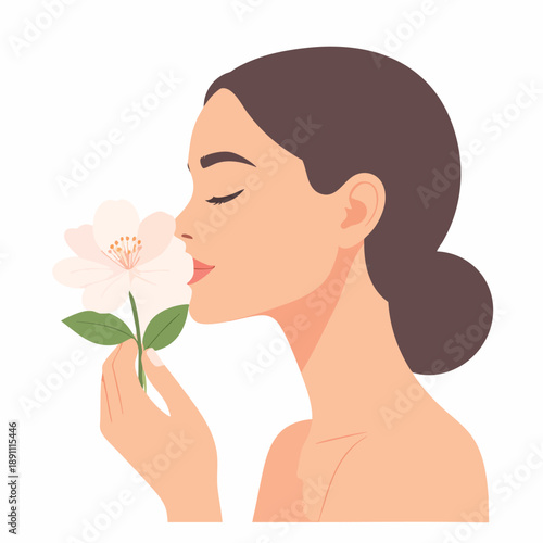 A serene woman smelling a white flower, conveying peace and elegance in a simple illustration.