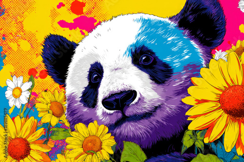 Contemporary art collage of happy panda with sunflower, Illustration animal poster, Pop art style