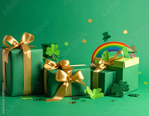 Festive St Patrick’s Day Gift Packaging Concept in Green and Gold Colors