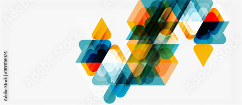 Abstract geometric shapes overlap, creating vibrant colorful design. Modern composition uses transparency, layering for visual interest.