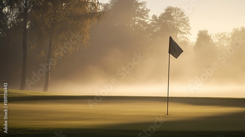 flagstick. Single golf flagstick in morning fog with triangular flag moving on dewy grass. event key visuals, club posters, designed for fitness apps and gym onboarding, used by sports marketers.