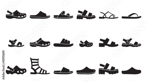 Collection of casual sandal and clogs icons in black silhouette for summer footwear and beachwear design applications
