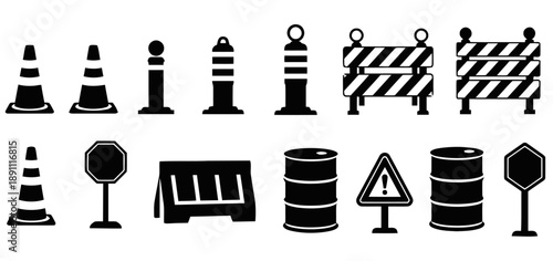 Collection of construction and warning signs, including traffic cones, barrels, barriers, and hazard symbols for roadworks and safety alerts.
