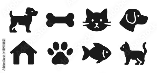 Collection of cute pet icons, including dog, cat, bone, fish, dog house, and paw print, simple flat design for pet care, websites, and apps.