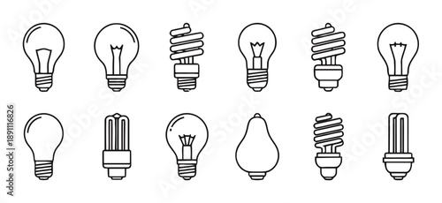Collection of diverse light bulb icons, including incandescent and compact fluorescent CFL bulbs, various shapes and styles, outline drawing for technology and energy concepts