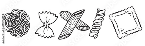 Collection of delicious and diverse pasta shapes including spaghetti nest farfalle penne fusilli and ravioli shown in a simple black and white line drawing style ideal for culinary themes