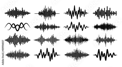 Collection of diverse sound wave and equalizer graphics representing audio signals music and digital technology in various forms and styles for dynamic visual representation