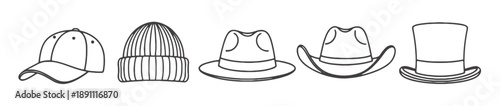 Collection of five headwear items, including baseball cap, beanie, fedora hat, cowboy hat, and top hat, presented as line art.