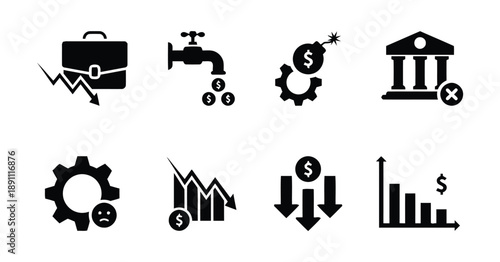 Collection of financial and economic crisis icons illustrating business decline market crash and economic recession with graphs and symbols