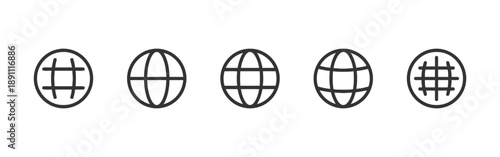 Collection of globe icons representing internet and worldwide communication. Five different styles of world map symbols for digital and global concepts, simple line art.