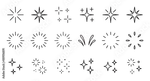 Collection of hand drawn black and white sparkle and shine starburst icons and elements for design decoration and accentuating bright objects or ideas