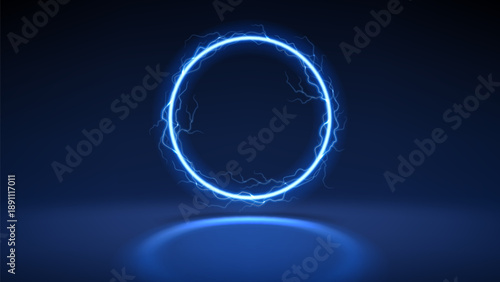 Futuristic lightning circular frame. Vector realistic illustration with neon glowing round shape with thunderbolts isolated on dark background. Digital portal with electric energy discharge effect.