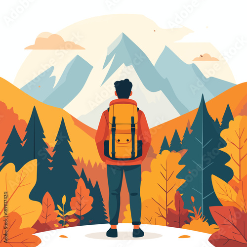 A lone traveler with a backpack stands on a hill overlooking vibrant autumn mountains and trees from a high vantage point.