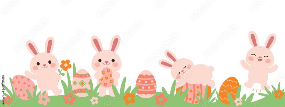 Fototapeta premium Adorable Easter bunny illustration with eggs spring grass Cute Easter rabbits and eggs horizontal flat vector illustration Sweet bunny scene flowers illustration