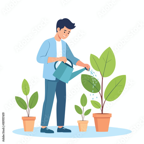 Man watering plants in pots with a watering can from a high viewpoint