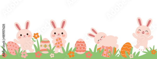Adorable Easter bunny illustration with eggs spring grass Cute Easter rabbits and eggs horizontal flat vector illustration Sweet bunny scene flowers illustration