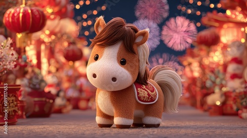 Cute horse character celebrating chinese new year with fireworks