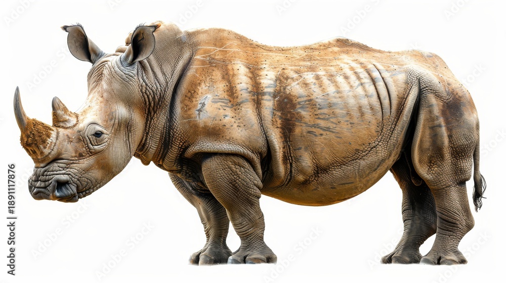 Fototapeta premium Realistic full-body image of a rhinoceros isolated on white, highlighting its powerful build, thick skin, and iconic horn in sharp focus. 