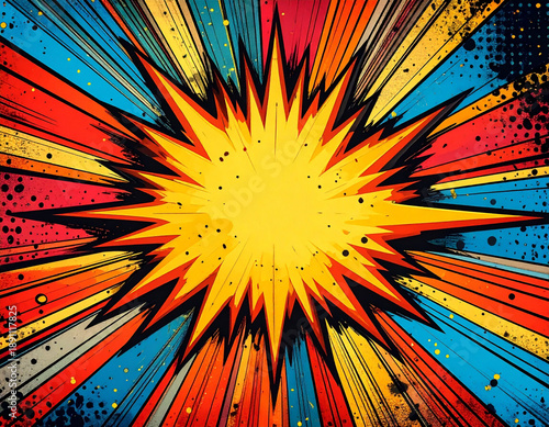  Comic Book Explosion Background with Stars and Halftone Dots in Pop Art Style