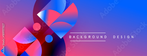 Abstract shapes blend vibrant purple, blue, pink hues. Modern design features geometric forms, gradients, text elements.