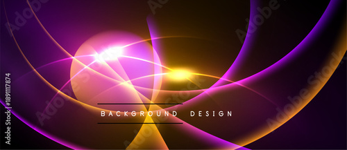 Abstract vibrant design features flowing lines, bright light flares, purple, orange hues. Modern background perfect for digital projects.