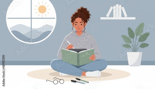 Teen girl sitting cross-legged with notebook illustration in bright room with plants and calm mood