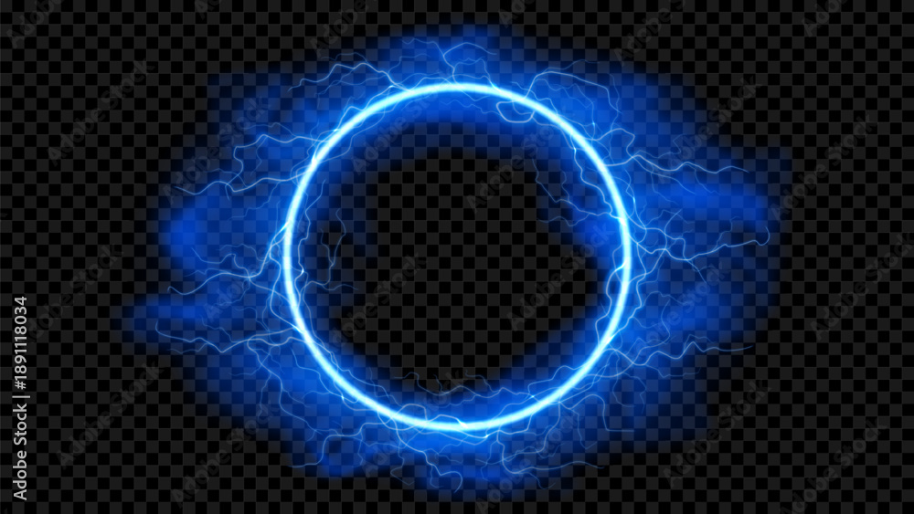 Fototapeta premium Electric blue neon circle with realistic lightning border. Glowing, flickering vector frame with fog on dark background creates dynamic energy effect for modern covers, digital project.