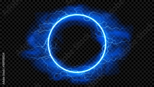 Electric blue neon circle with realistic lightning border. Glowing, flickering vector frame with fog on dark background creates dynamic energy effect for modern covers, digital project.