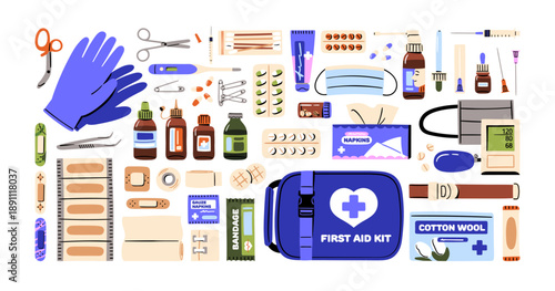 First aid kit items and elements set. Medical tools and supplies. Different pills, sterile bandages, cotton wool and scissors, syringes, jars. Flat isolated vector illustrations on white background