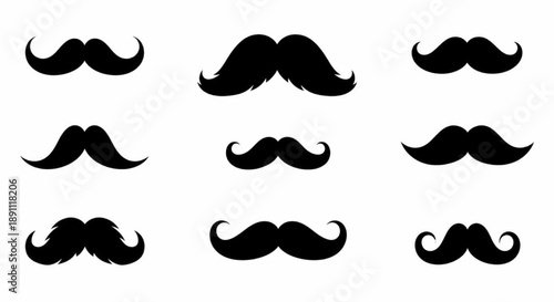 Set of Black Mustache Silhouettes in Various Styles for Barbershop and Movember