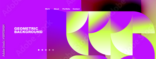 Abstract geometric background. Vibrant purple, yellow hues create modern design. Navigation menu present, simple dots indicate sections.