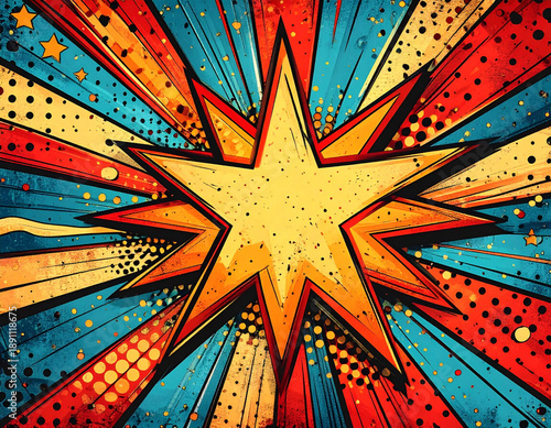  Colorful Comic Book Action Explosion with Stars and Halftone Texture.