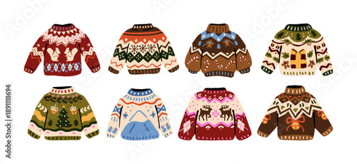 Set of ugly Christmas sweaters. Tacky jumpers for New Year holiday party. Cute knitted woolen winter clothes with various Xmas patterns. Flat isolated vector illustrations on white background