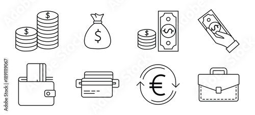 Line art icons business finance money dollar euro coins wallet credit cards case
