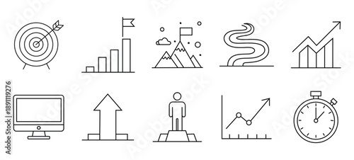 Business success icons progress growth achievement targets goals outline vector concepts set