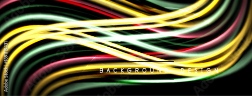 Abstract colorful waves flow across black background. Dynamic lines create modern visual effect. Bright hues suggest energy, movement.