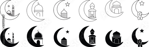 Ramadan icon moon, mosque, islamic star, minaret, islamic architecture, religious symbol, calligraphic design, arabic motifs,