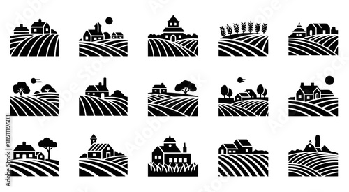 Collection of stylized farm landscapes with houses, fields, trees, and sun, simple black and white vector illustrations, rural idyllic scenery, countryside agriculture icons